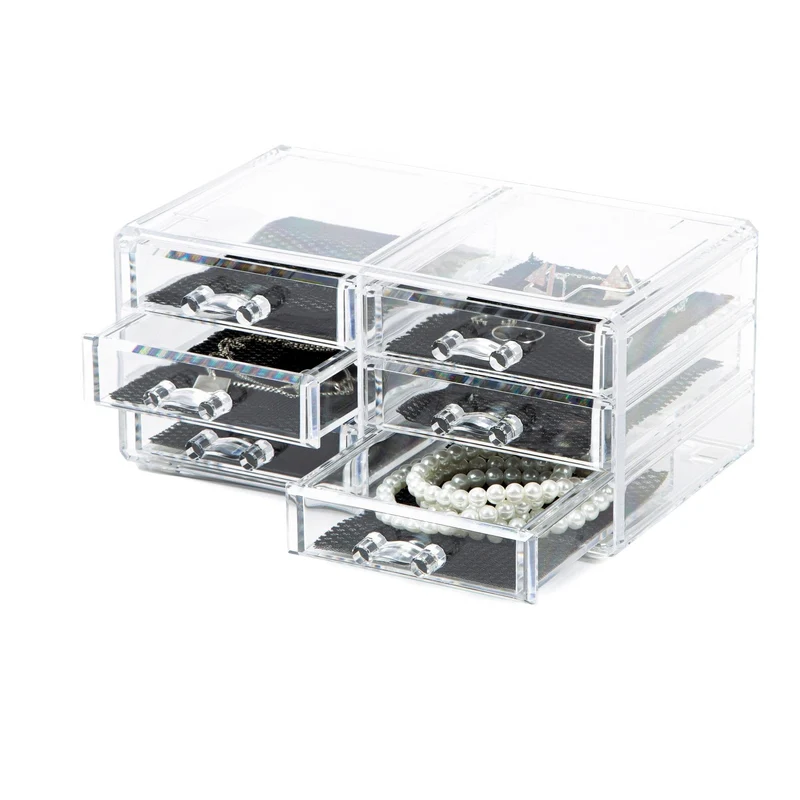 axisgo - Compactor RAN6044 Make-up- und Schmuck-Aufbewahrungsbox mit 6 Schubladen, transparent, Polystyrol und Stoff, 23,8 x 15 x Höhe 11 cm