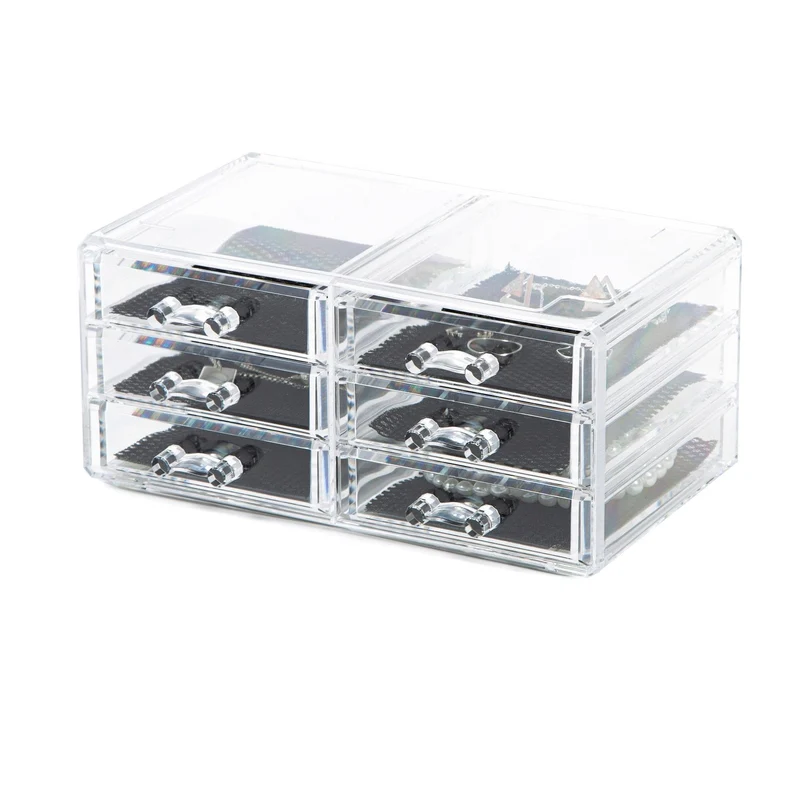 axisgo - Compactor RAN6044 Make-up- und Schmuck-Aufbewahrungsbox mit 6 Schubladen, transparent, Polystyrol und Stoff, 23,8 x 15 x Höhe 11 cm