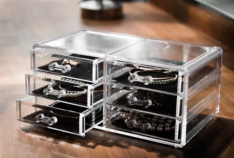 axisgo - Compactor RAN6044 Make-up- und Schmuck-Aufbewahrungsbox mit 6 Schubladen, transparent, Polystyrol und Stoff, 23,8 x 15 x Höhe 11 cm