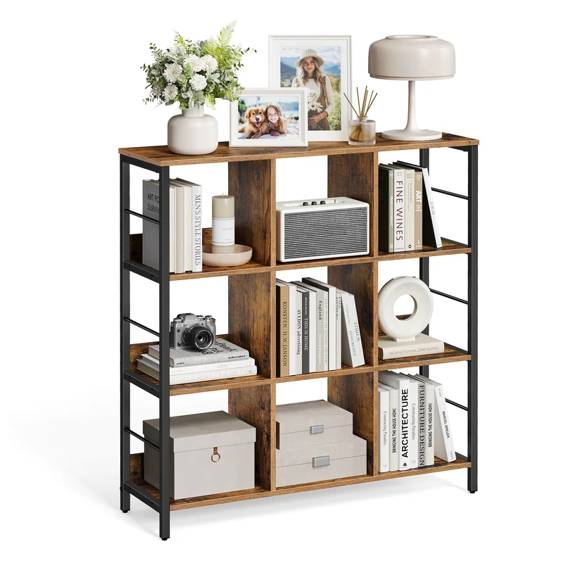 axisgo - VASAGLE Regal mit 3 Ebenen, Bücherregal, Standregal mit 9 Fächern, für Wohnzimmer, Schlafzimmer, Arbeitszimmer, Küche, 30 x 100 x 103,1 cm, vintagebraun-tintenschwarz LLS112B01