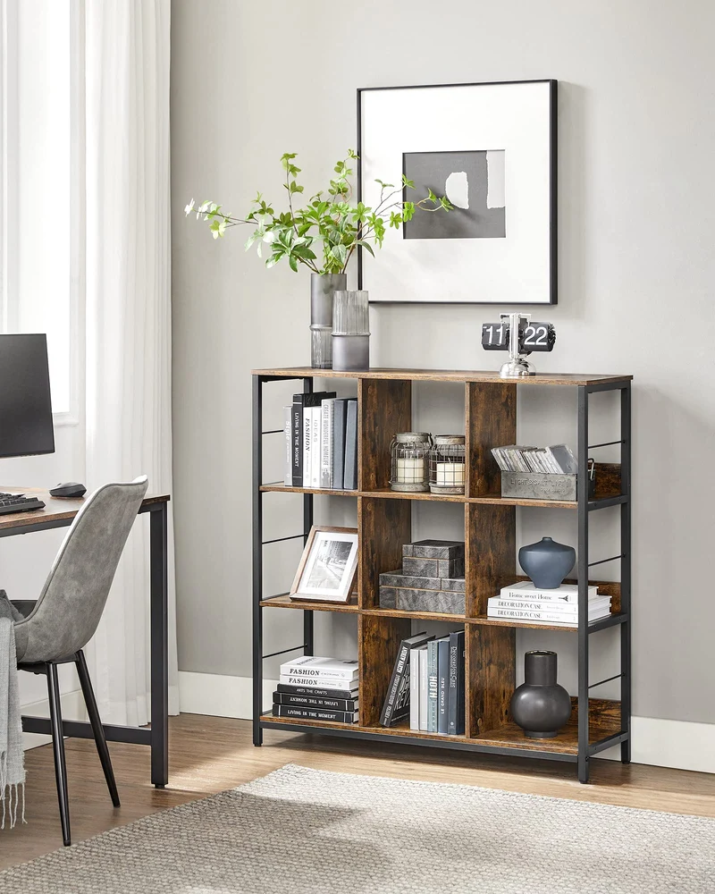 axisgo - VASAGLE Regal mit 3 Ebenen, Bücherregal, Standregal mit 9 Fächern, für Wohnzimmer, Schlafzimmer, Arbeitszimmer, Küche, 30 x 100 x 103,1 cm, vintagebraun-tintenschwarz LLS112B01
