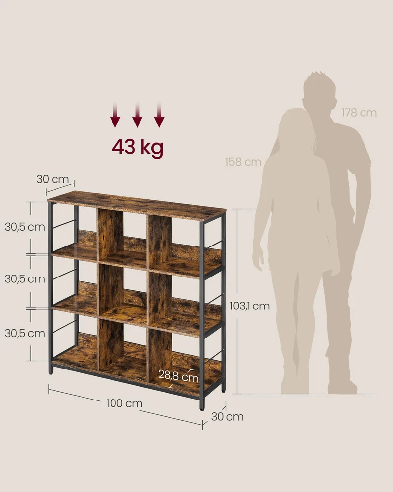 axisgo - VASAGLE Regal mit 3 Ebenen, Bücherregal, Standregal mit 9 Fächern, für Wohnzimmer, Schlafzimmer, Arbeitszimmer, Küche, 30 x 100 x 103,1 cm, vintagebraun-tintenschwarz LLS112B01