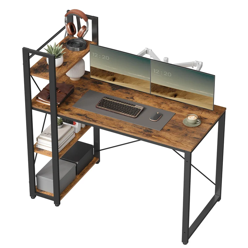 axisgo - VASAGLE Schreibtisch, Computertisch mit Regalböden rechts oder Links, 120 cm breiter Bürotisch, für Arbeitszimmer, Homeoffice, einfacher Aufbau, vintagebraun-schwarz LWD48X