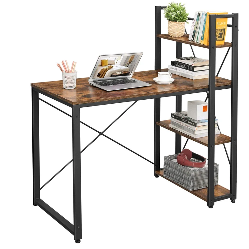axisgo - VASAGLE Schreibtisch, Computertisch mit Regalböden rechts oder Links, 120 cm breiter Bürotisch, für Arbeitszimmer, Homeoffice, einfacher Aufbau, vintagebraun-schwarz LWD48X