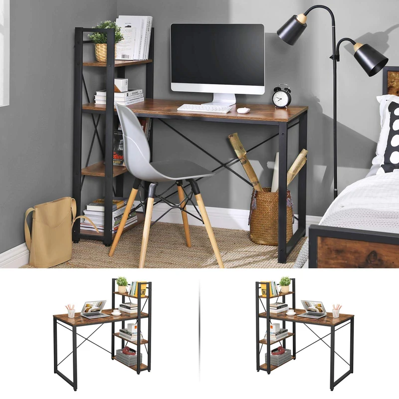 axisgo - VASAGLE Schreibtisch, Computertisch mit Regalböden rechts oder Links, 120 cm breiter Bürotisch, für Arbeitszimmer, Homeoffice, einfacher Aufbau, vintagebraun-schwarz LWD48X