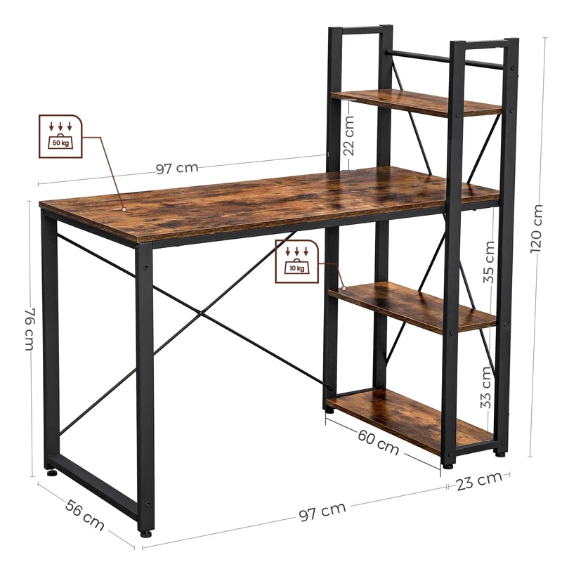 axisgo - VASAGLE Schreibtisch, Computertisch mit Regalböden rechts oder Links, 120 cm breiter Bürotisch, für Arbeitszimmer, Homeoffice, einfacher Aufbau, vintagebraun-schwarz LWD48X