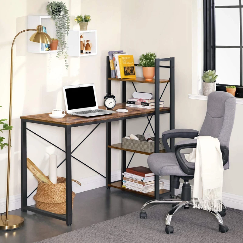 axisgo - VASAGLE Schreibtisch, Computertisch mit Regalböden rechts oder Links, 120 cm breiter Bürotisch, für Arbeitszimmer, Homeoffice, einfacher Aufbau, vintagebraun-schwarz LWD48X
