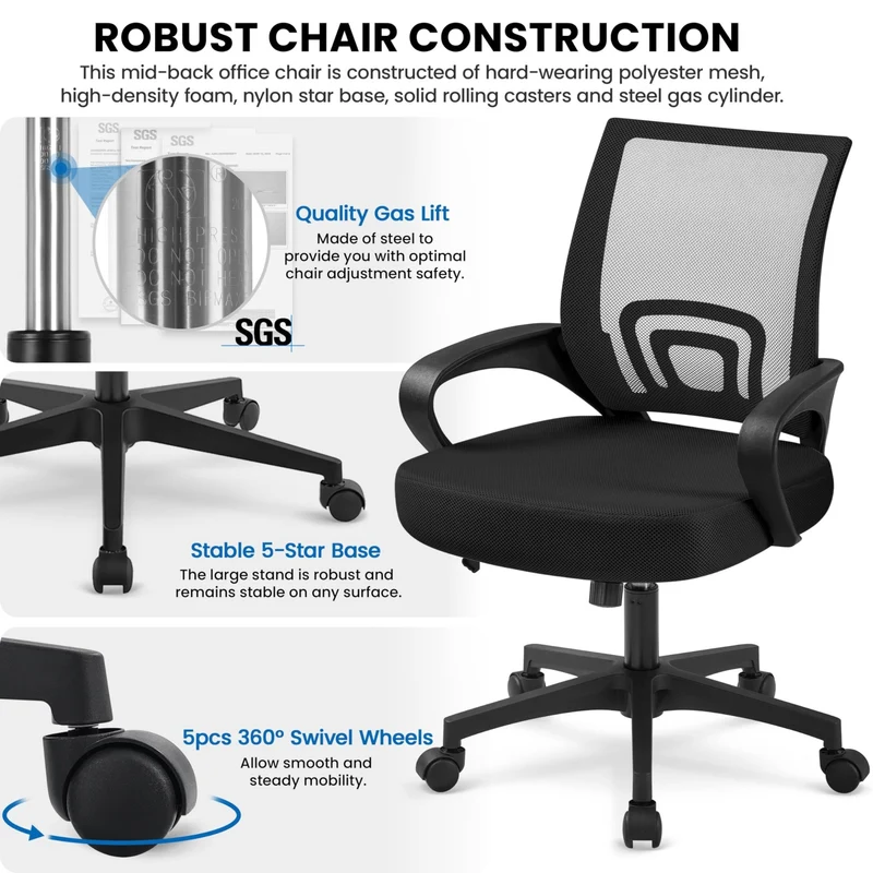 axisgo - Yaheetech Bürostuhl Ergonomisch, Schreibtischstuhl mit Netzbespannung und Armlehnen, Drehstuhl aus Mesh, Chefsessel Wippfunktion, Höhenverstellbar Rückenschonend bis 136kg Belastbar, Schwarz