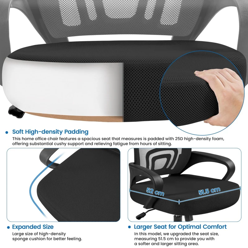 axisgo - Yaheetech Bürostuhl Ergonomisch, Schreibtischstuhl mit Netzbespannung und Armlehnen, Drehstuhl aus Mesh, Chefsessel Wippfunktion, Höhenverstellbar Rückenschonend bis 136kg Belastbar, Schwarz