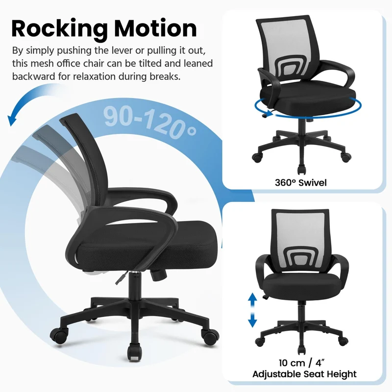 axisgo - Yaheetech Bürostuhl Ergonomisch, Schreibtischstuhl mit Netzbespannung und Armlehnen, Drehstuhl aus Mesh, Chefsessel Wippfunktion, Höhenverstellbar Rückenschonend bis 136kg Belastbar, Schwarz