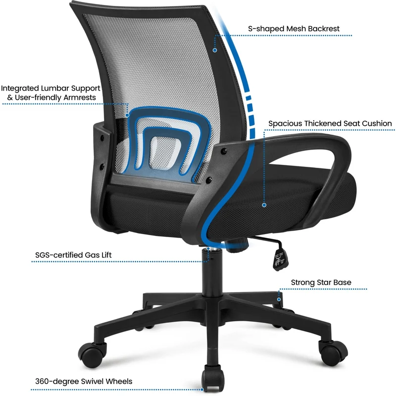 axisgo - Yaheetech Bürostuhl Ergonomisch, Schreibtischstuhl mit Netzbespannung und Armlehnen, Drehstuhl aus Mesh, Chefsessel Wippfunktion, Höhenverstellbar Rückenschonend bis 136kg Belastbar, Schwarz
