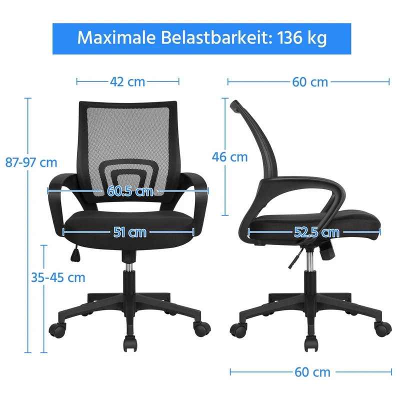 axisgo - Yaheetech Bürostuhl Ergonomisch, Schreibtischstuhl mit Netzbespannung und Armlehnen, Drehstuhl aus Mesh, Chefsessel Wippfunktion, Höhenverstellbar Rückenschonend bis 136kg Belastbar, Schwarz