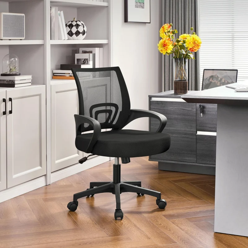 axisgo - Yaheetech Bürostuhl Ergonomisch, Schreibtischstuhl mit Netzbespannung und Armlehnen, Drehstuhl aus Mesh, Chefsessel Wippfunktion, Höhenverstellbar Rückenschonend bis 136kg Belastbar, Schwarz