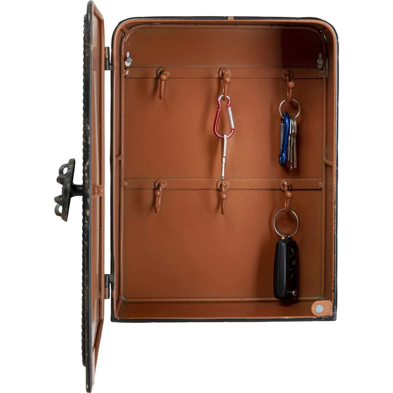 axisgo - Kare Design Schlüsselkasten Safe, Schwarz, Schrank, Vintage Safe, mit 6 Haken, Stahl, Klein, 31x24x13 cm (H/B/T)