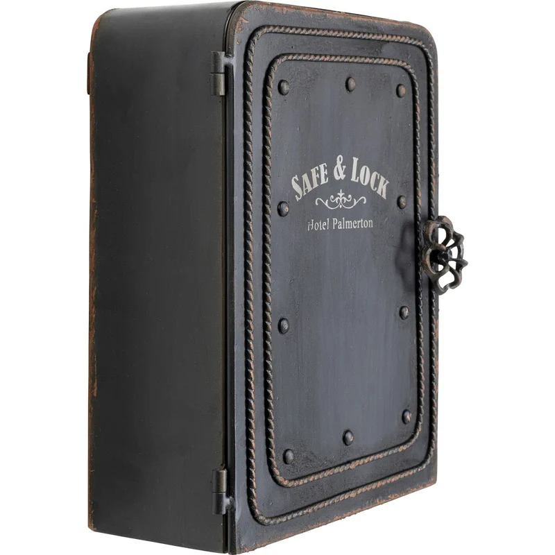 axisgo - Kare Design Schlüsselkasten Safe, Schwarz, Schrank, Vintage Safe, mit 6 Haken, Stahl, Klein, 31x24x13 cm (H/B/T)