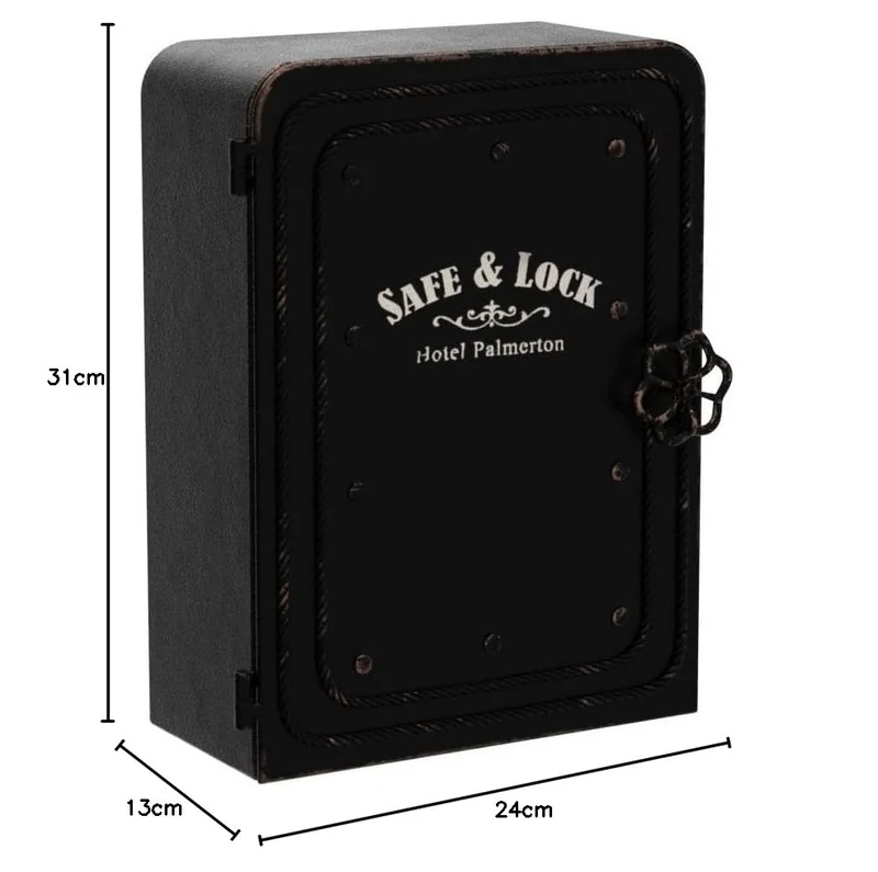 axisgo - Kare Design Schlüsselkasten Safe, Schwarz, Schrank, Vintage Safe, mit 6 Haken, Stahl, Klein, 31x24x13 cm (H/B/T)