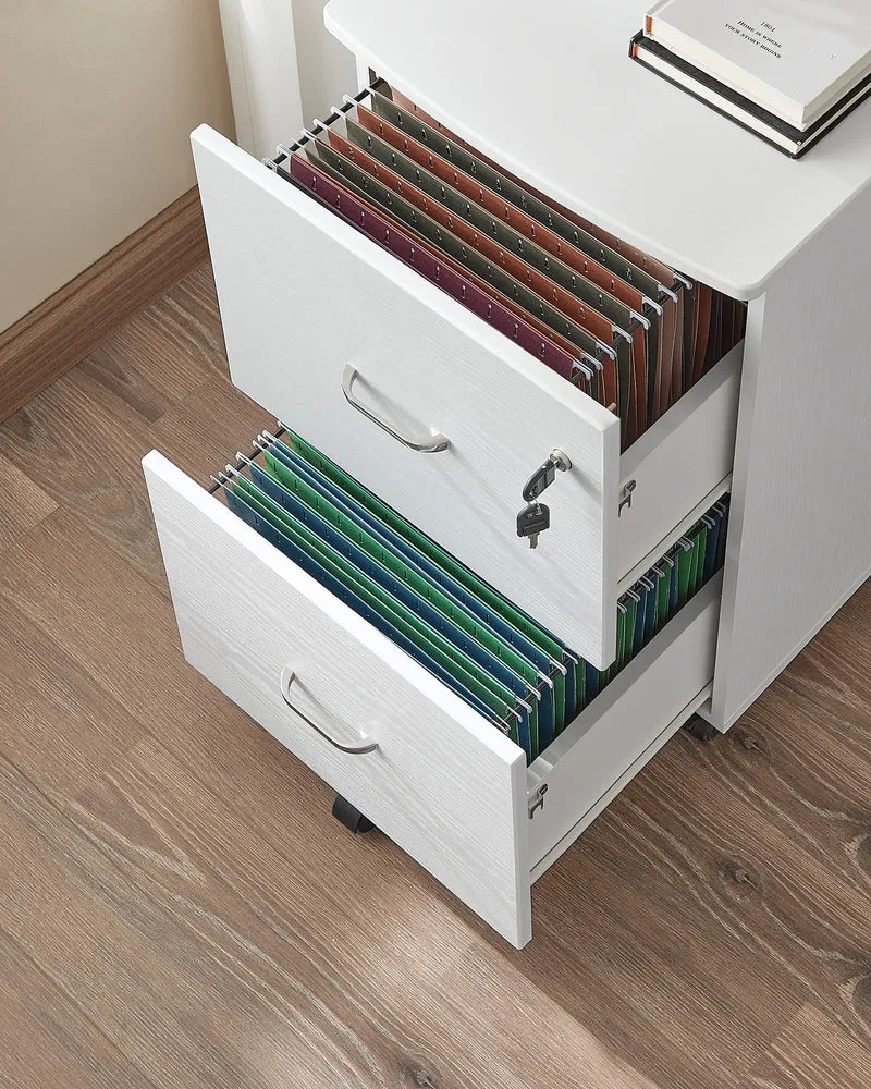 axisgo - VASAGLE Doppel-Schubladenschrank mit 2-Schubladen, abschließbarer Aktenschrank, mobiler Sockel mit verstellbaren Hängeschienen, weiß LCD027W46
