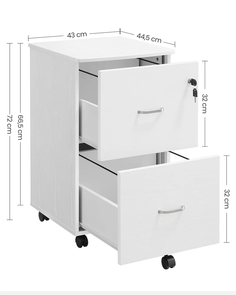 axisgo - VASAGLE Doppel-Schubladenschrank mit 2-Schubladen, abschließbarer Aktenschrank, mobiler Sockel mit verstellbaren Hängeschienen, weiß LCD027W46