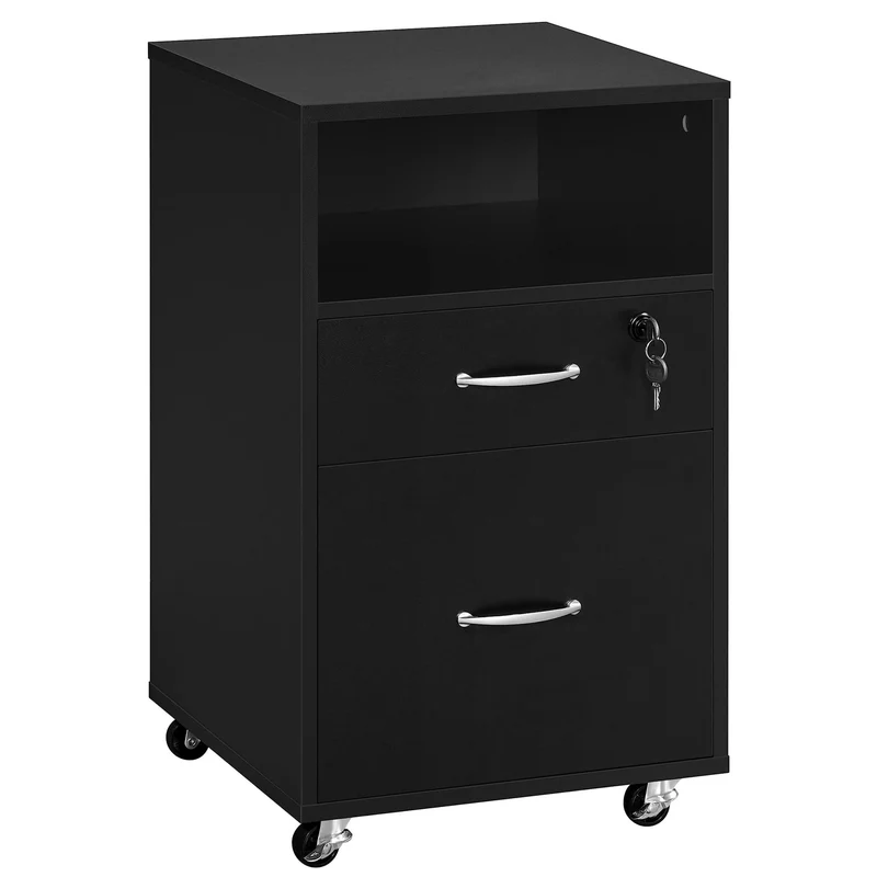 axisgo - Yaheetech Rollcontainer mit 2 schubladen, Aktenschrank, mobiler Büroschrank mit offenen Fächern, hängenden Aktenfächern, für A4 und Letter-Format, für Büro, Schlafzimmer, Wohnzimmer Schwarz
