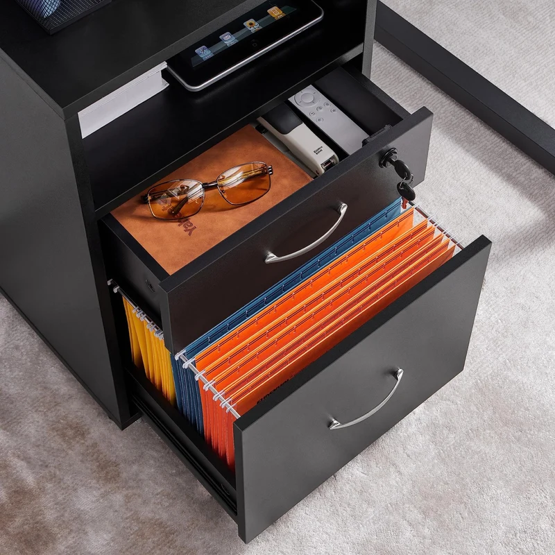 axisgo - Yaheetech Rollcontainer mit 2 schubladen, Aktenschrank, mobiler Büroschrank mit offenen Fächern, hängenden Aktenfächern, für A4 und Letter-Format, für Büro, Schlafzimmer, Wohnzimmer Schwarz