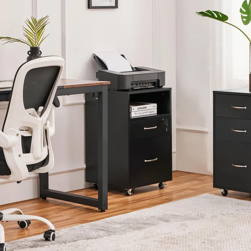 axisgo - Yaheetech Rollcontainer mit 2 schubladen, Aktenschrank, mobiler Büroschrank mit offenen Fächern, hängenden Aktenfächern, für A4 und Letter-Format, für Büro, Schlafzimmer, Wohnzimmer Schwarz