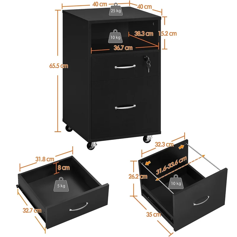 axisgo - Yaheetech Rollcontainer mit 2 schubladen, Aktenschrank, mobiler Büroschrank mit offenen Fächern, hängenden Aktenfächern, für A4 und Letter-Format, für Büro, Schlafzimmer, Wohnzimmer Schwarz