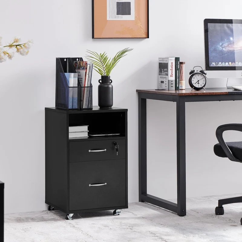 axisgo - Yaheetech Rollcontainer mit 2 schubladen, Aktenschrank, mobiler Büroschrank mit offenen Fächern, hängenden Aktenfächern, für A4 und Letter-Format, für Büro, Schlafzimmer, Wohnzimmer Schwarz