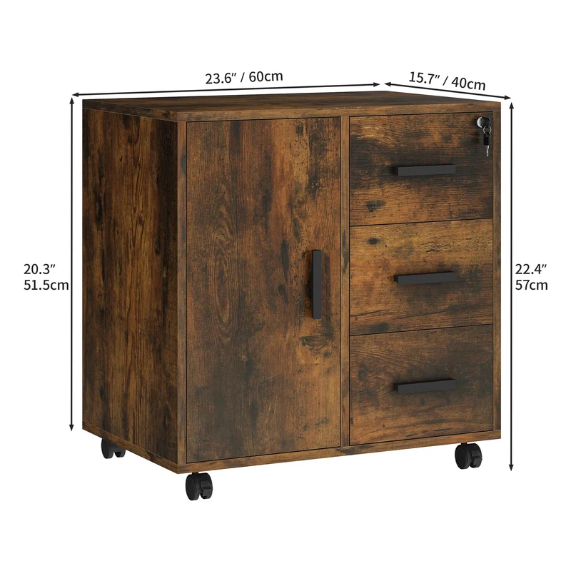 axisgo - YITAHOME Bürocontainer Schubladenschrank Rollschrank Rollwagen, Rollcontainer mit 3 Schubladen, Mobiler Aktenschrank mit Rädern, Schubladenkommode für Zuhause Büro, 60x40x57 cm (Vintagebraun)