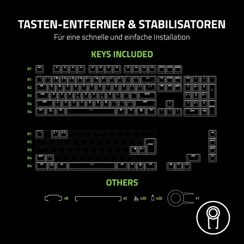 axisgo - Razer Phantom Tastenkappen-Set - Hintergrundbeleuchtungskompatibel Tasten für Razer Tastaturen (für Switches mit kreuzförmiger Achse, ABS-Material, 128 Keycaps) QWERTZ DE-Tasten | Schwarz