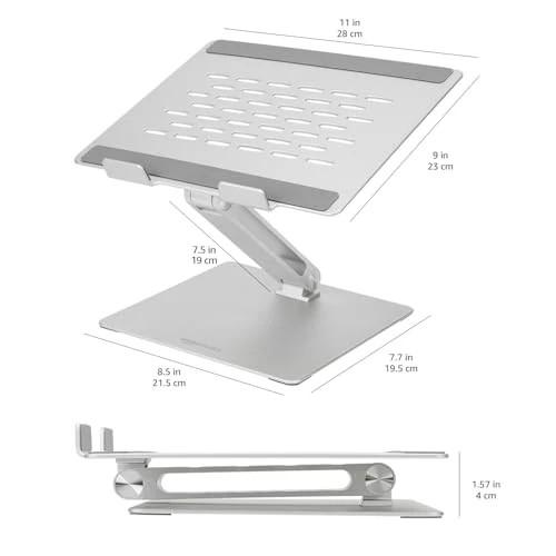 axisgo - Amazon Basics Verstellbarer ergonomischer Laptopständer mit Wärmeabzug, stufenlose Höhen- und Winkelverstellung, ideal für einen Laptop bis 43,9 cm (17,3 Zoll), 27.9 x 23 x 5.6 cm, Silber