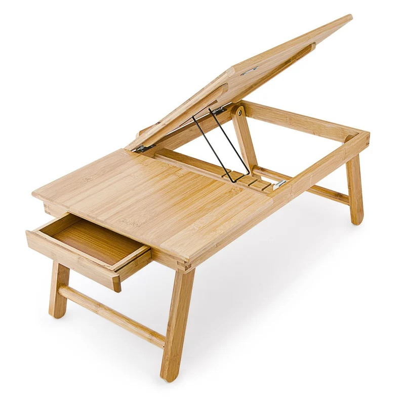 axisgo - Relaxdays Laptoptisch aus Bambus HBT: 24 x 55 x 33 cm Beistelltisch mit praktischem Fach für Stifte oder Notizen verstellbarer Computertisch als Knietisch und Betttisch Notebooktisch aus Holz, natur