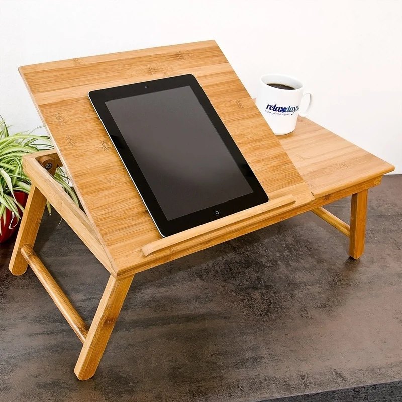 axisgo - Relaxdays Laptoptisch aus Bambus HBT: 24 x 55 x 33 cm Beistelltisch mit praktischem Fach für Stifte oder Notizen verstellbarer Computertisch als Knietisch und Betttisch Notebooktisch aus Holz, natur
