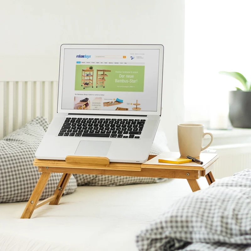 axisgo - Relaxdays Betttablett Bambus höhenverstellbar HBT 30,5 x 72,5 x 35 cm Laptop Tisch für Notebook mit Leseklappe als Laptopständer klappbar mit Ablage für Maus und Bücher als Notebookständer, natur