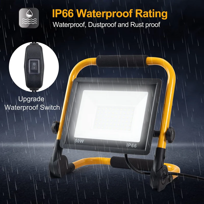 axisgo - LED Baustrahler, 50W 5000LM Arbeitsleuchte, LED Arbeitsleuchte mit Stecker, IP66 Wasserdicht Baustrahler mit 4M Kabel, Tragbar für Werkstatt oder Baustelle,Garage, 6500K