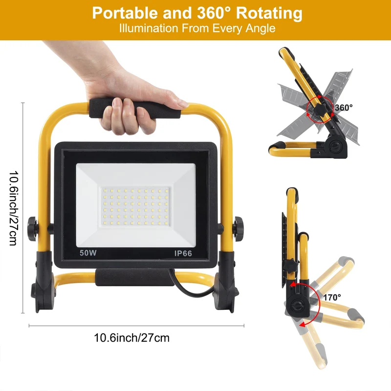 axisgo - LED Baustrahler, 50W 5000LM Arbeitsleuchte, LED Arbeitsleuchte mit Stecker, IP66 Wasserdicht Baustrahler mit 4M Kabel, Tragbar für Werkstatt oder Baustelle,Garage, 6500K