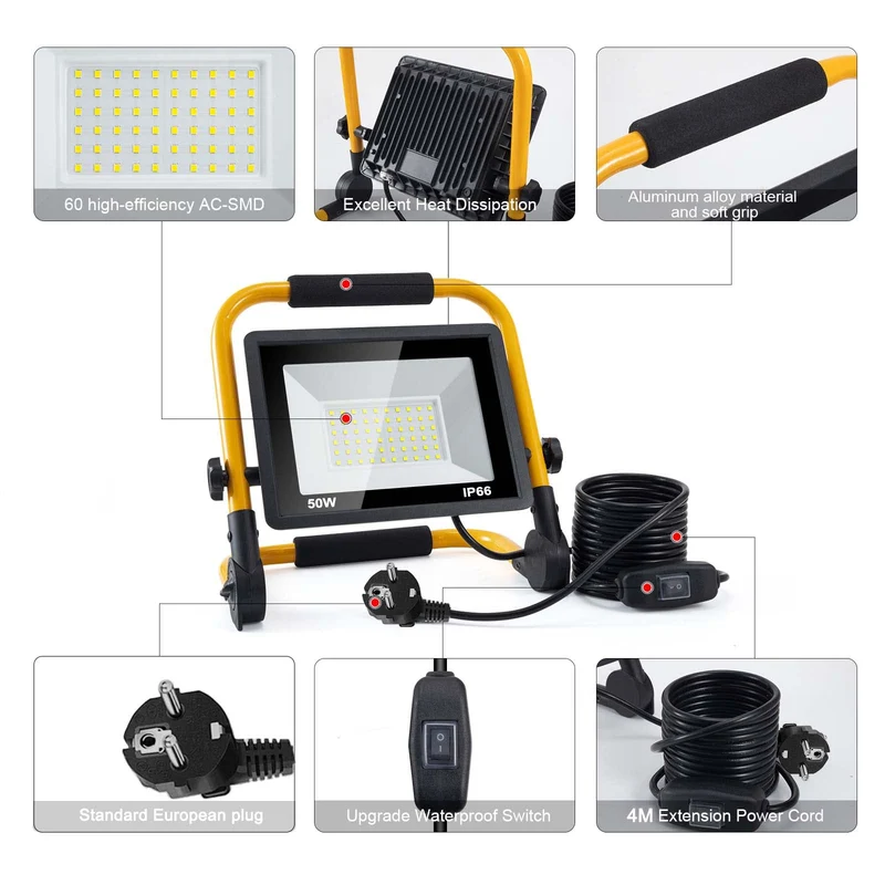 axisgo - LED Baustrahler, 50W 5000LM Arbeitsleuchte, LED Arbeitsleuchte mit Stecker, IP66 Wasserdicht Baustrahler mit 4M Kabel, Tragbar für Werkstatt oder Baustelle,Garage, 6500K