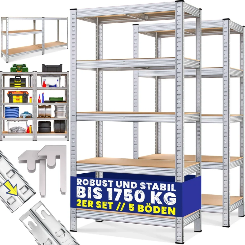 axisgo - Monzana® 2X Schwerlastregal 180x90x40cm Befestigungsmaterial 1750kg 10 MDF-Platten Kellerregal Lagerregal Steckregal Metallregal Werkstattregal Silber