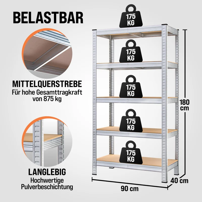 axisgo - Monzana® 2X Schwerlastregal 180x90x40cm Befestigungsmaterial 1750kg 10 MDF-Platten Kellerregal Lagerregal Steckregal Metallregal Werkstattregal Silber