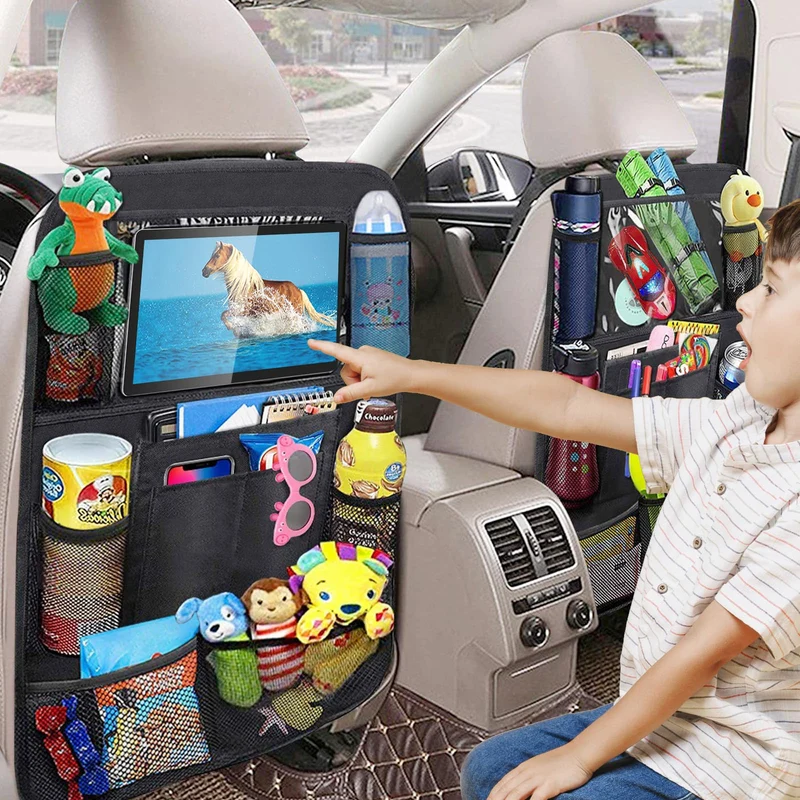 axisgo - BillyBath 1 Stück Rückenlehnenschutz Auto Kinder mit 10 Zoll iPad/Tablet-Tasche, 600D Oxford Stoff Wasserdicht Autositz Rücksitz Organizer Autositzschoner Rückenlehne, Schwarz