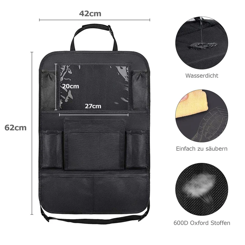 axisgo - BillyBath 1 Stück Rückenlehnenschutz Auto Kinder mit 10 Zoll iPad/Tablet-Tasche, 600D Oxford Stoff Wasserdicht Autositz Rücksitz Organizer Autositzschoner Rückenlehne, Schwarz