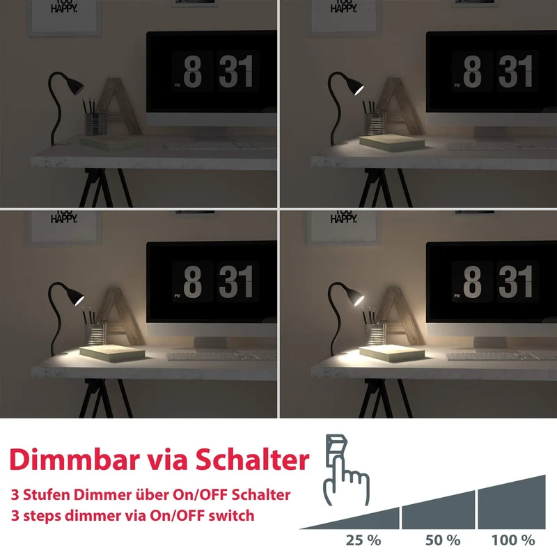 axisgo - B.K.Licht - Schreibtischlampe mit Kabelschalter, dimmbar in Stufen, schwenkbar, Tischlampe, Klemmleuchte, Tischleuchte, Bürolampe, Leselampe, Leselicht, Klemmlampe, 60x5,5 cm, Schwarz