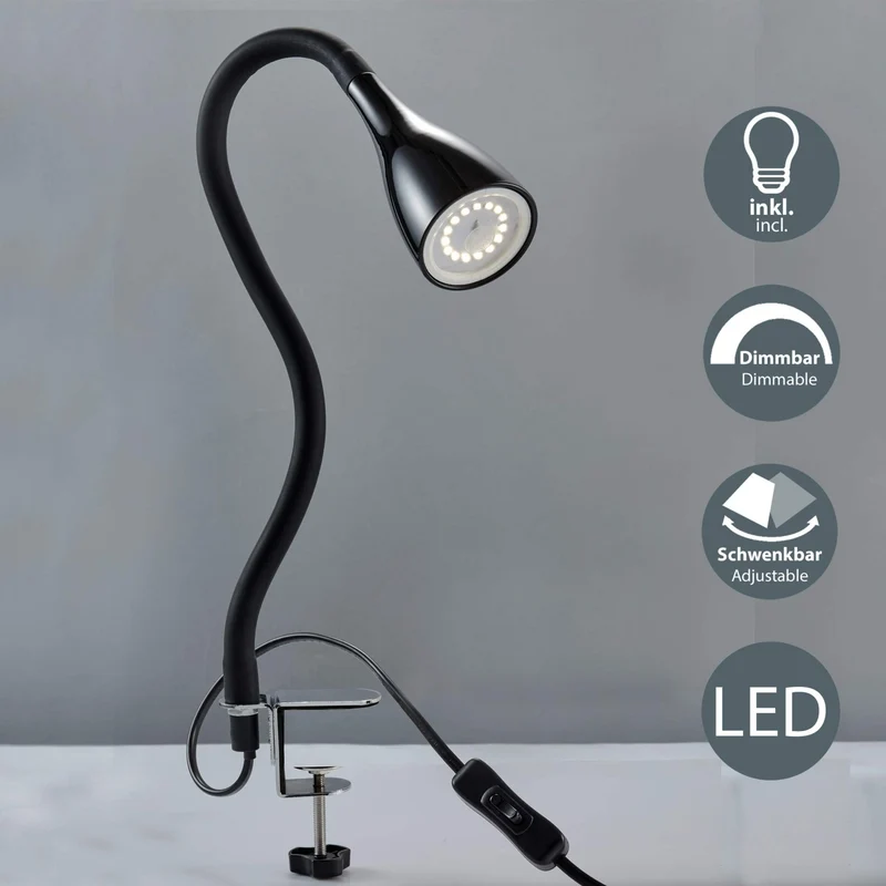 axisgo - B.K.Licht - Schreibtischlampe mit Kabelschalter, dimmbar in Stufen, schwenkbar, Tischlampe, Klemmleuchte, Tischleuchte, Bürolampe, Leselampe, Leselicht, Klemmlampe, 60x5,5 cm, Schwarz