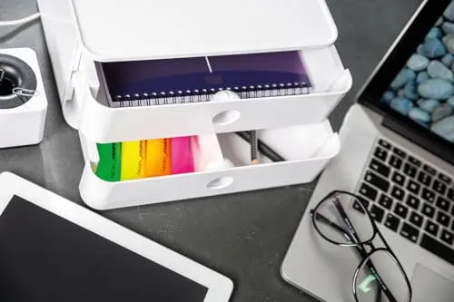 axisgo - HAN Schubladenbox Allison SMART-BOX plus mit 2 Schubladen, Trennwand sowie Utensilienbox, inkl. Kabelführung, stapelbar, Büro, Schreibtisch, Küche, möbelschonende Gummifüße, 1100-12, hochglänzend weiß