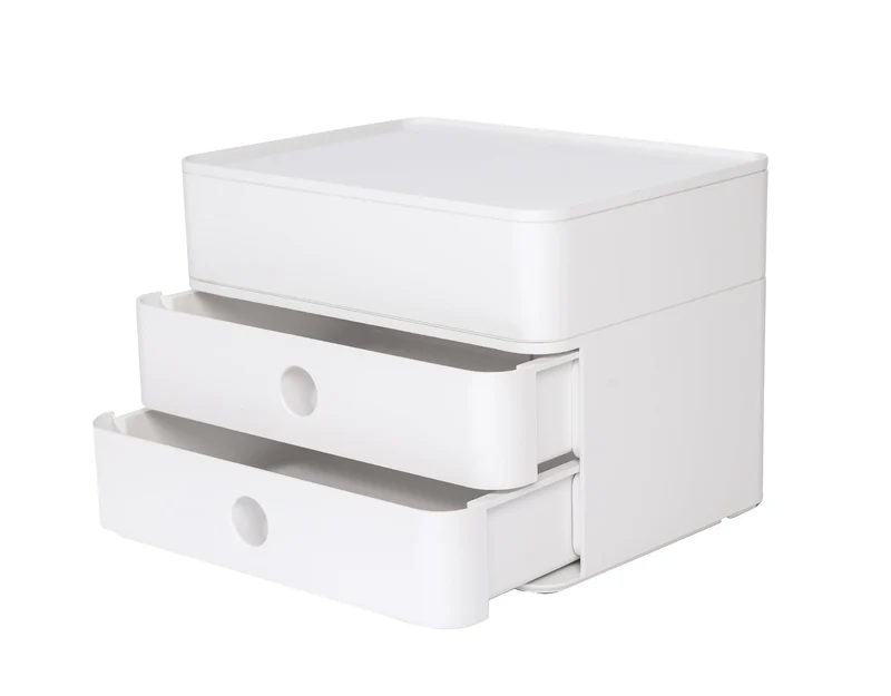 axisgo - HAN Schubladenbox Allison SMART-BOX plus mit 2 Schubladen, Trennwand sowie Utensilienbox, inkl. Kabelführung, stapelbar, Büro, Schreibtisch, Küche, möbelschonende Gummifüße, 1100-12, hochglänzend weiß