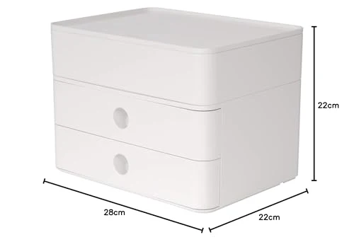 axisgo - HAN Schubladenbox Allison SMART-BOX plus mit 2 Schubladen, Trennwand sowie Utensilienbox, inkl. Kabelführung, stapelbar, Büro, Schreibtisch, Küche, möbelschonende Gummifüße, 1100-12, hochglänzend weiß