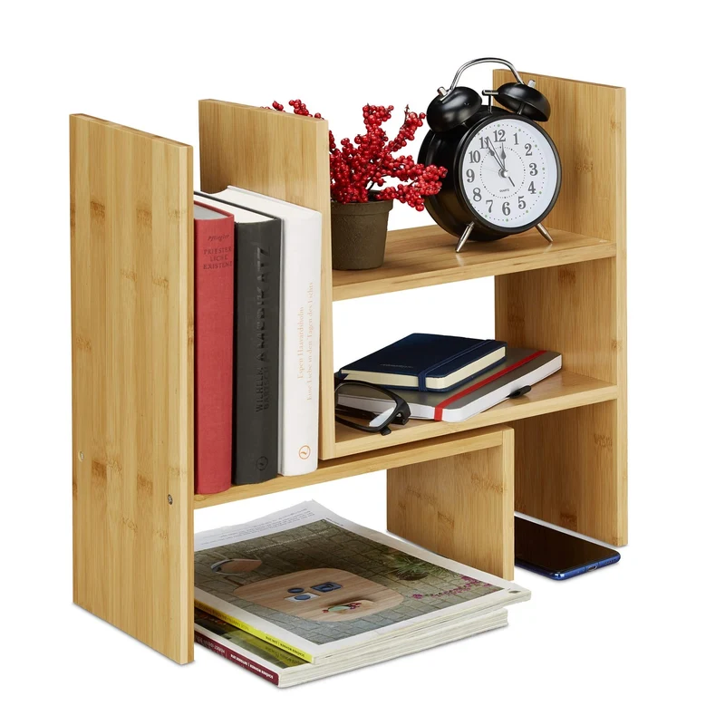axisgo - Relaxdays Tischregal Bambus, Verstellbarer Organizer, für Schreibtisch, Küche & Bad, Aufsatzregal, klein, H: 40cm, Natur