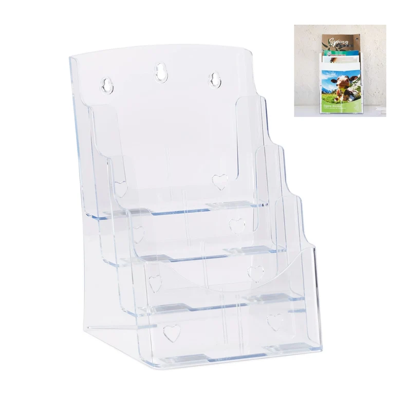 axisgo - Relaxdays Prospekthalter A4 / DIN Lang, 4 Etagen, Acryl, Flyer Aufsteller Tisch & Wand, HBT: 35x24,5x24cm, transparent, 1 Stück, 10027299