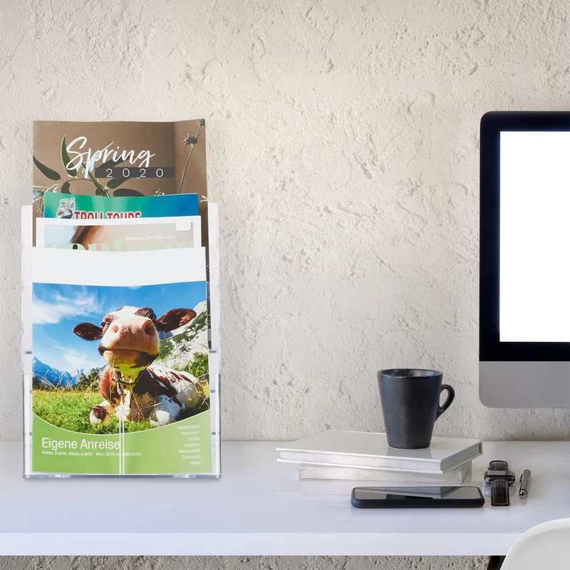 axisgo - Relaxdays Prospekthalter A4 / DIN Lang, 4 Etagen, Acryl, Flyer Aufsteller Tisch & Wand, HBT: 35x24,5x24cm, transparent, 1 Stück, 10027299