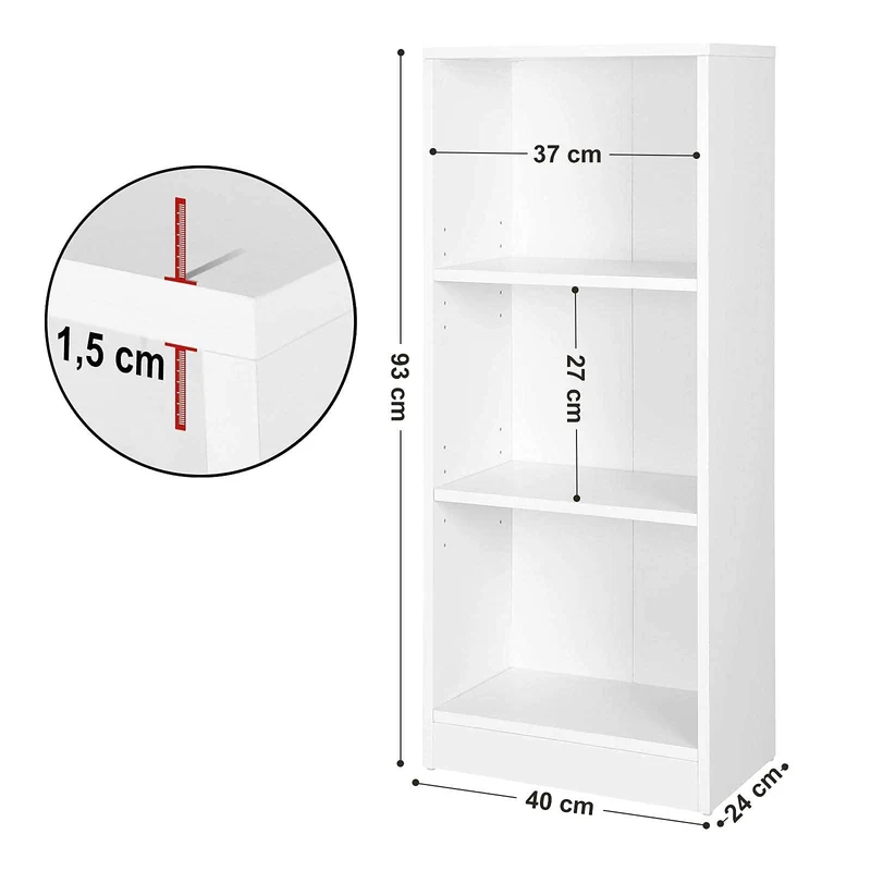 axisgo - VASAGLE Bücherregal, Regal mit 3 Fächern, Standregal, mit höhenverstellbaren Ablagen, für Wohnzimmer, Kinderzimmer, Büro, 24 x 40 x 93 cm, weiß LBC103W