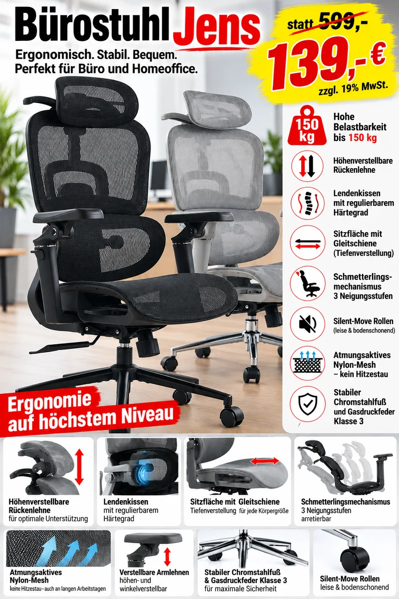Der ergonomische Bürostuhl JENS überzeugt durch hohen Sitzkomfort